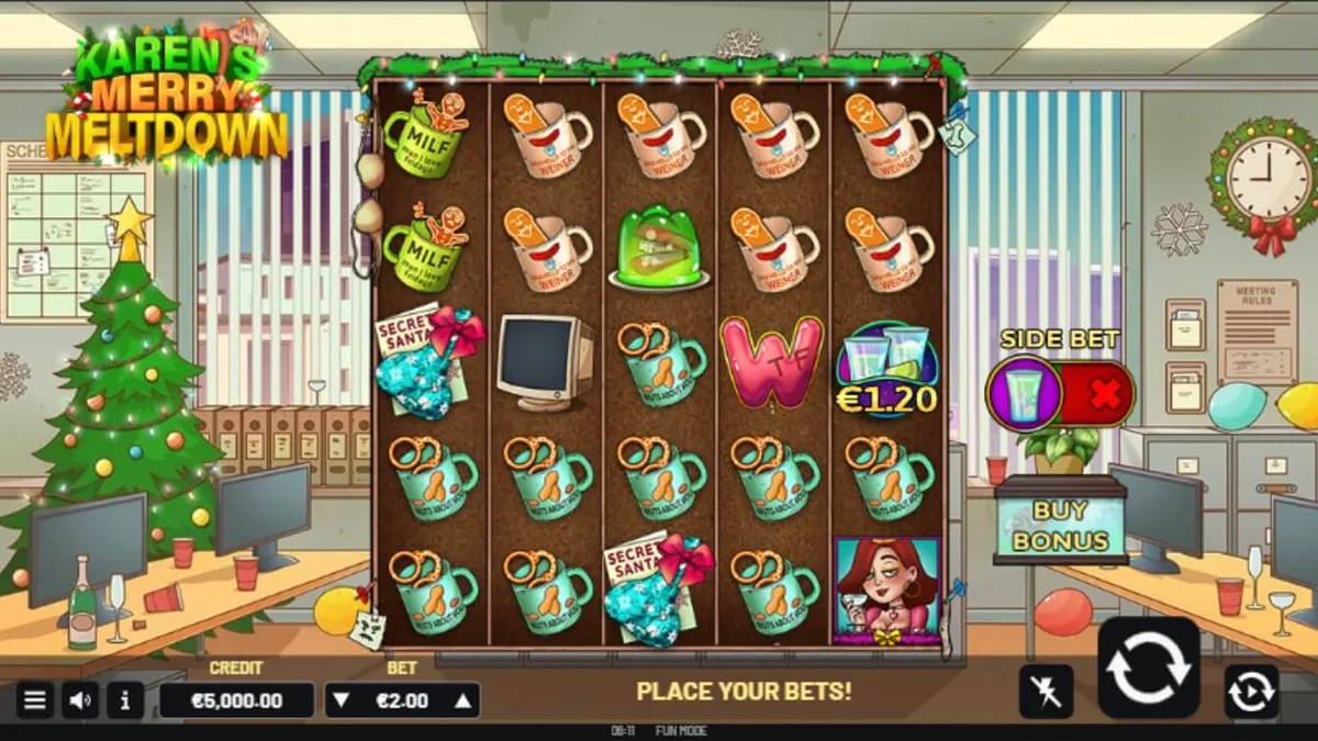 Tampilan visual slot Karen’s Merry Meltdown dengan tema pesta kantor yang kacau