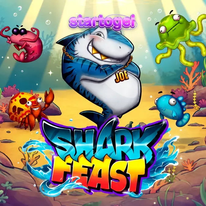 Tampilan visual grid 6x6 pada slot Shark Feast dengan elemen kartun bawah laut yang ceria.